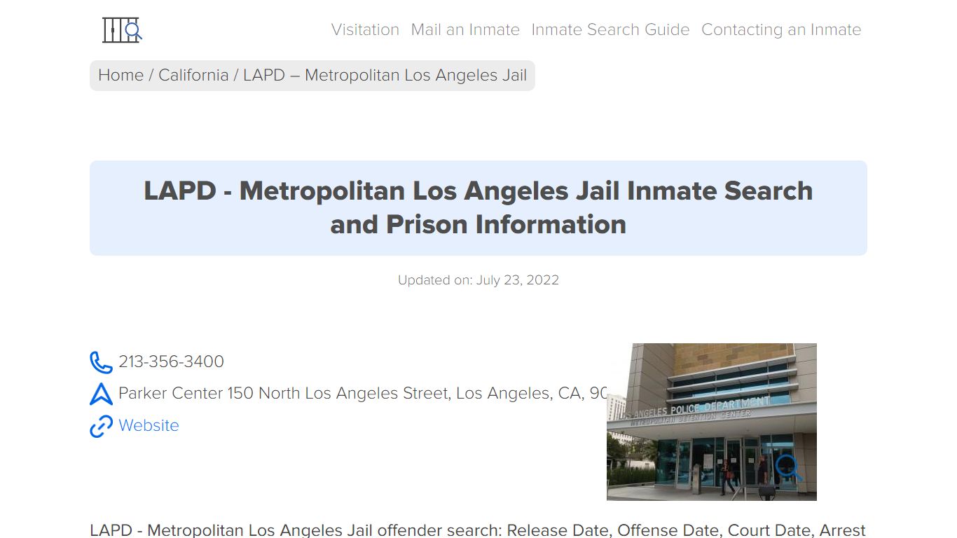 LAPD - Metropolitan Los Angeles Jail Inmate Search, Visitation, Phone ...